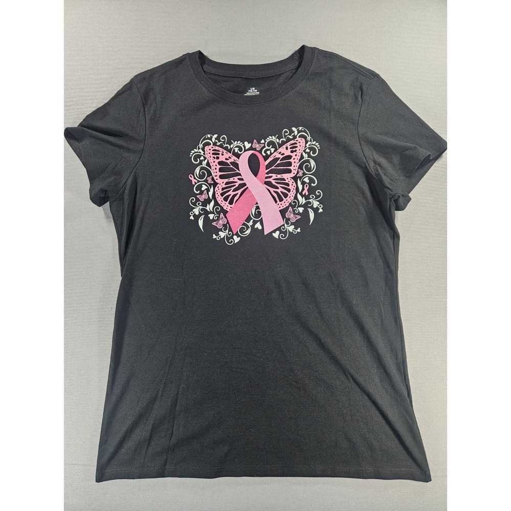 Breast Cancer Awareness Graphic T Shirt Womens Large Black Pink Ribbon Butterfly